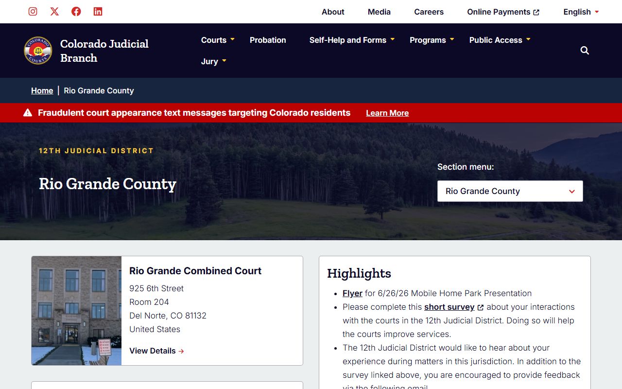 Rio Grande County court records page for inmate population after arrest